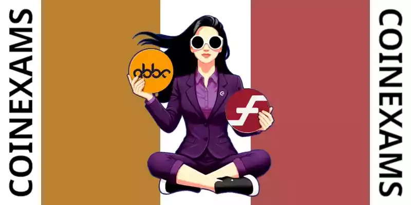Nova (CoinExams Mascot) holding Abbc Coin logo on the left and holding Firo on the right.