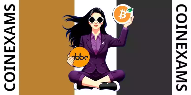 Nova (CoinExams Mascot) holding Abbc Coin logo on the left and holding Rootstock Bitcoin on the right.