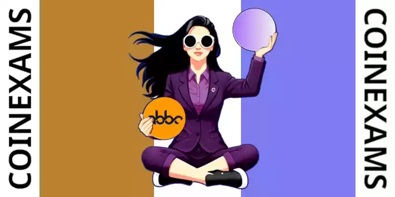 Nova (CoinExams Mascot) holding Abbc Coin logo on the left and holding Telos on the right.