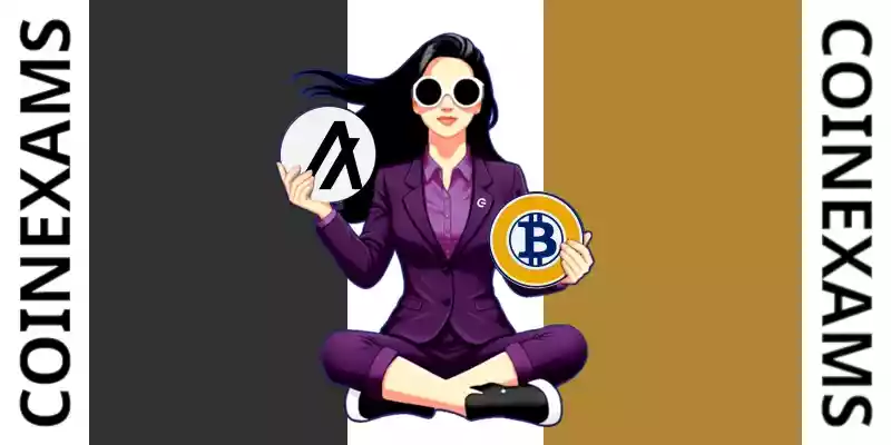 Nova (CoinExams Mascot) holding Algorand logo on the left and holding Bitcoin Gold on the right.