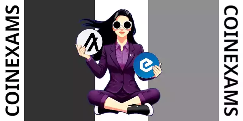 Nova (CoinExams Mascot) holding Algorand logo on the left and holding Ecash on the right.