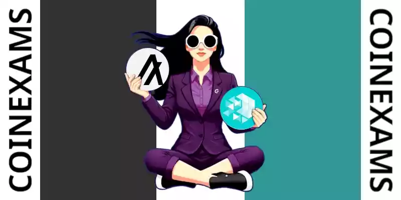 Nova (CoinExams Mascot) holding Algorand logo on the left and holding Iotex on the right.