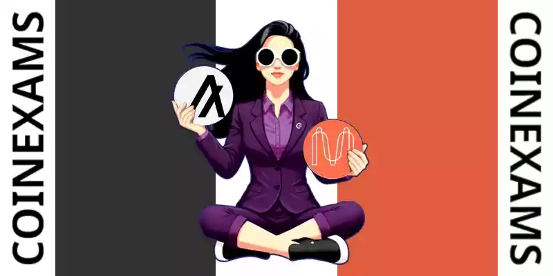 Nova (CoinExams Mascot) holding Algorand logo on the left and holding Mina on the right.