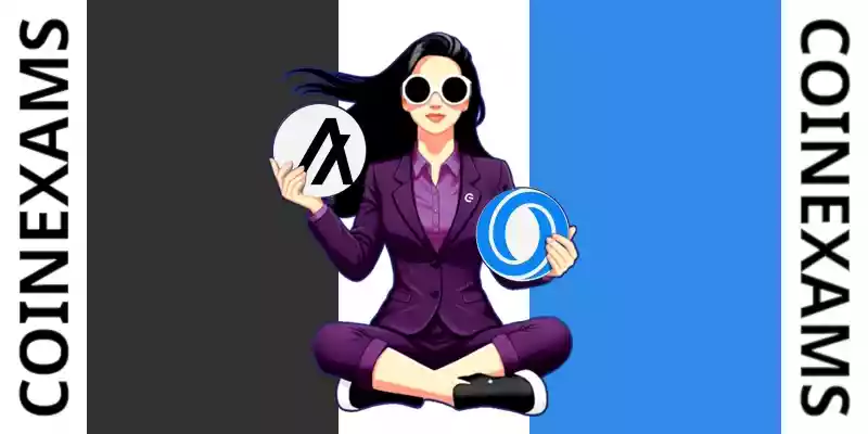 Nova (CoinExams Mascot) holding Algorand logo on the left and holding Oasis Network on the right.