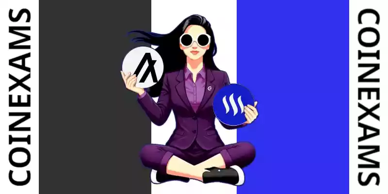 Nova (CoinExams Mascot) holding Algorand logo on the left and holding Steem on the right.
