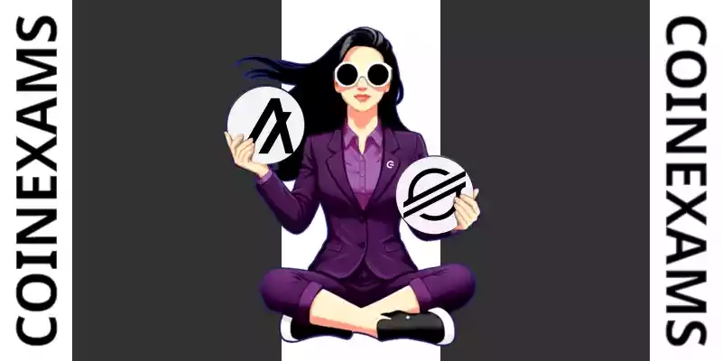 Nova (CoinExams Mascot) holding Algorand logo on the left and holding Stellar on the right.