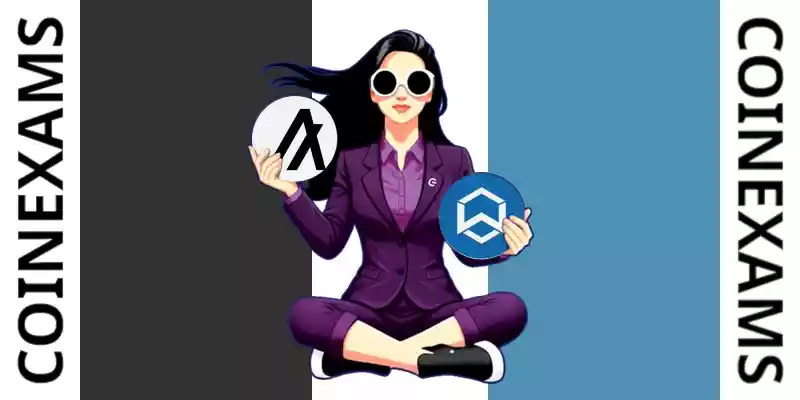 Nova (CoinExams Mascot) holding Algorand logo on the left and holding Wanchain on the right.