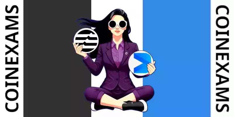 Nova (CoinExams Mascot) holding Aptos logo on the left and holding Decentralized Social on the right.