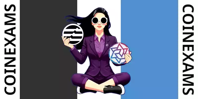 Nova (CoinExams Mascot) holding Aptos logo on the left and holding Irisnet on the right.