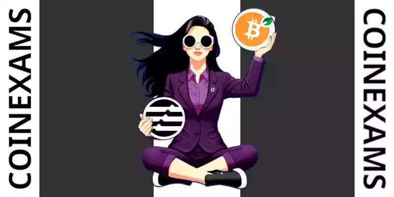 Nova (CoinExams Mascot) holding Aptos logo on the left and holding Rootstock Bitcoin on the right.