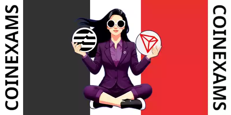 Nova (CoinExams Mascot) holding Aptos logo on the left and holding Tron on the right.