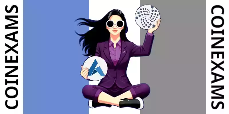 Nova (CoinExams Mascot) holding Ardor logo on the left and holding Iota on the right.