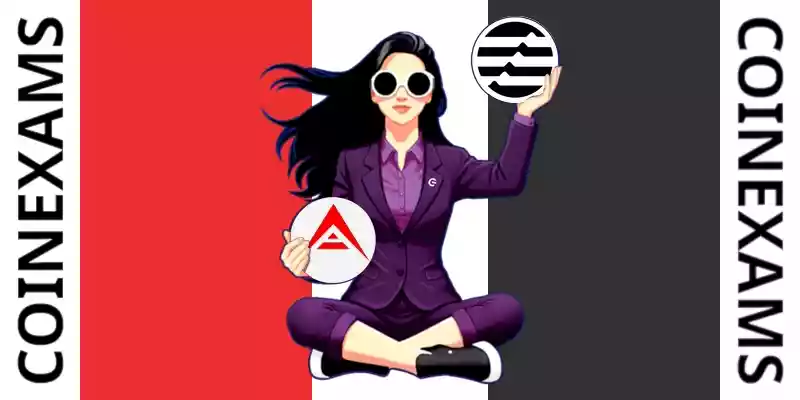 Nova (CoinExams Mascot) holding Ark logo on the left and holding Aptos on the right.