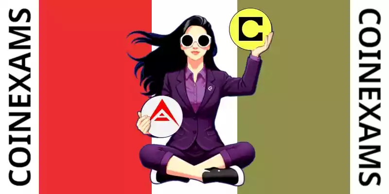 Nova (CoinExams Mascot) holding Ark logo on the left and holding Celo on the right.