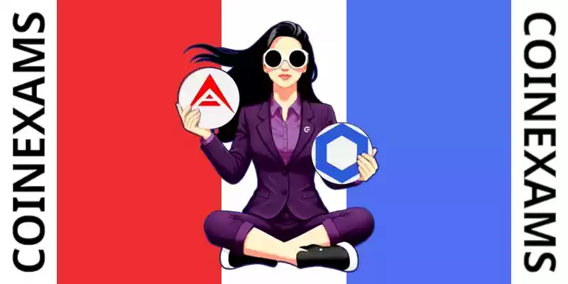 Nova (CoinExams Mascot) holding Ark logo on the left and holding Chainlink on the right.