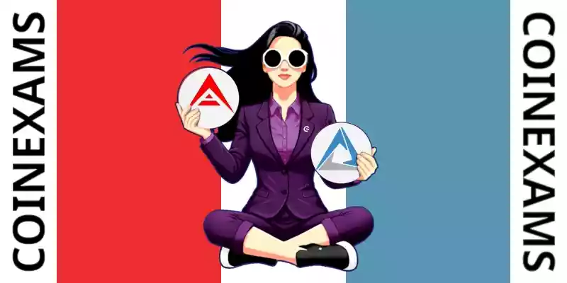 Nova (CoinExams Mascot) holding Ark logo on the left and holding Cortex on the right.