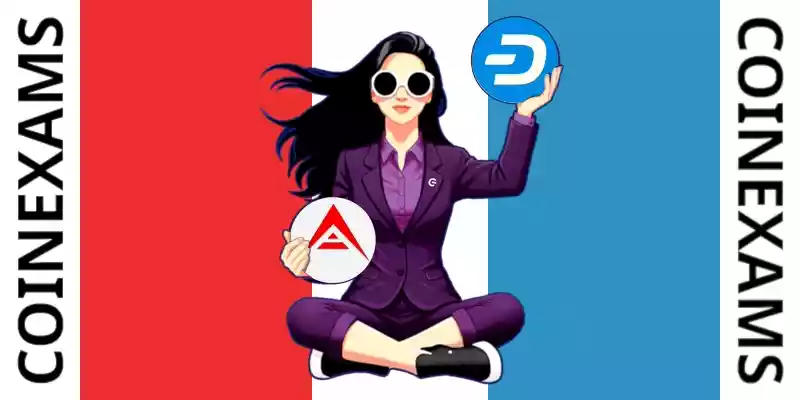 Nova (CoinExams Mascot) holding Ark logo on the left and holding Dash on the right.