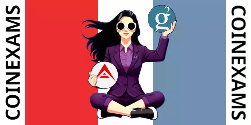 Nova (CoinExams Mascot) holding Ark logo on the left and holding Groestlcoin on the right.