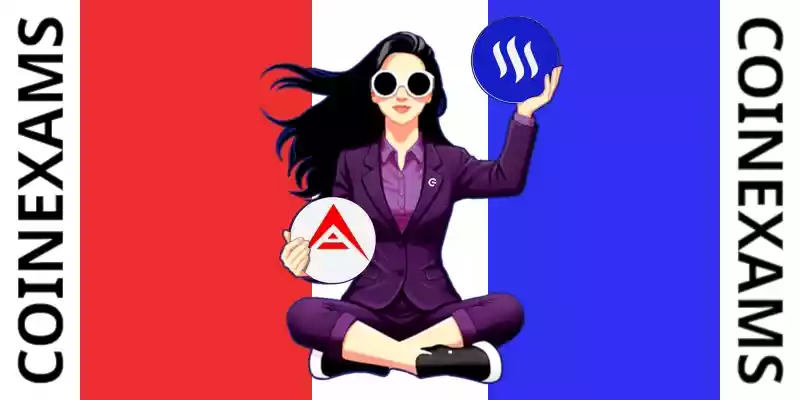 Nova (CoinExams Mascot) holding Ark logo on the left and holding Steem on the right.