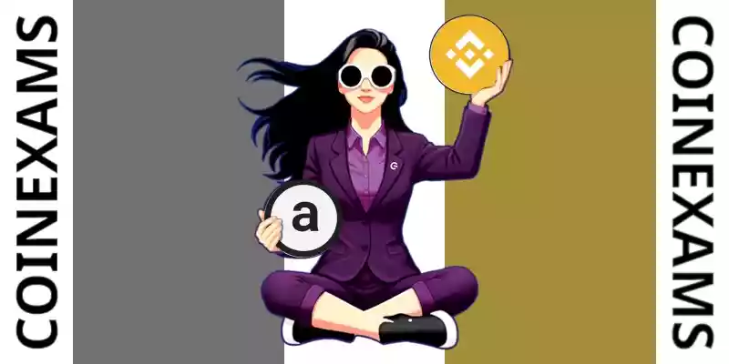 Nova (CoinExams Mascot) holding Arweave logo on the left and holding Bnb Coin on the right.