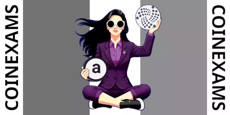 Nova (CoinExams Mascot) holding Arweave logo on the left and holding Iota on the right.