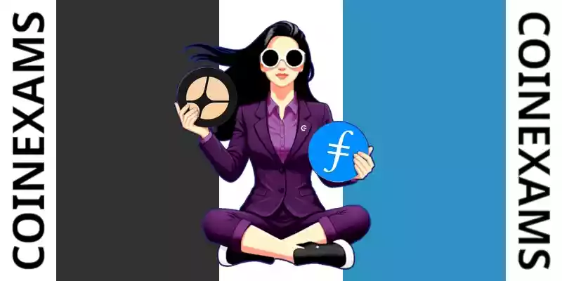 Nova (CoinExams Mascot) holding Aster logo on the left and holding Filecoin on the right.