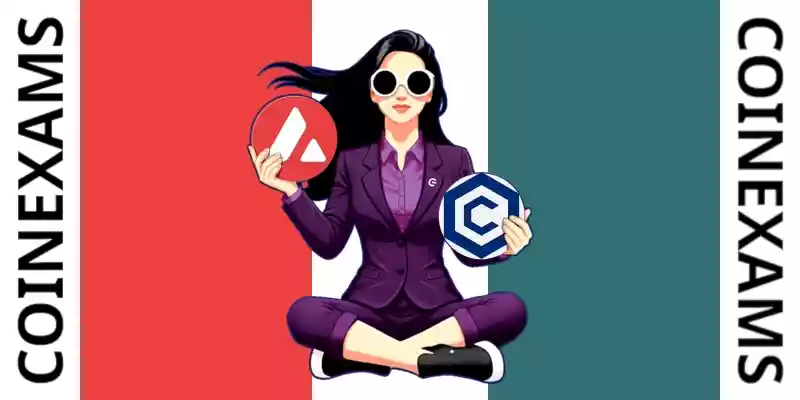 Nova (CoinExams Mascot) holding Avalanche logo on the left and holding Cronos on the right.