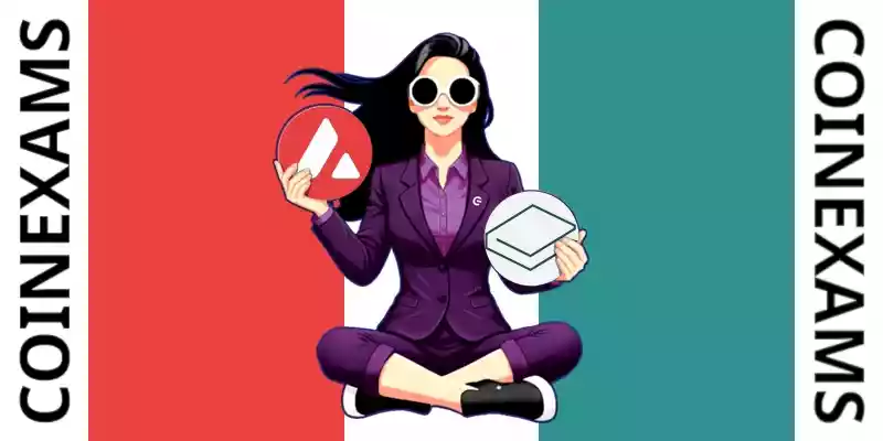 Nova (CoinExams Mascot) holding Avalanche logo on the left and holding Lbry Credits on the right.