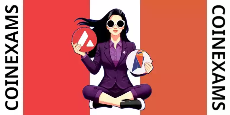 Nova (CoinExams Mascot) holding Avalanche logo on the left and holding Ravencoin on the right.