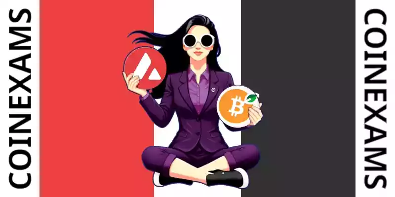 Nova (CoinExams Mascot) holding Avalanche logo on the left and holding Rootstock Bitcoin on the right.