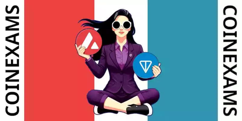 Nova (CoinExams Mascot) holding Avalanche logo on the left and holding Ton on the right.
