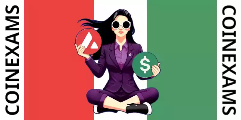 Nova (CoinExams Mascot) holding Avalanche logo on the left and holding Usd Fiat on the right.