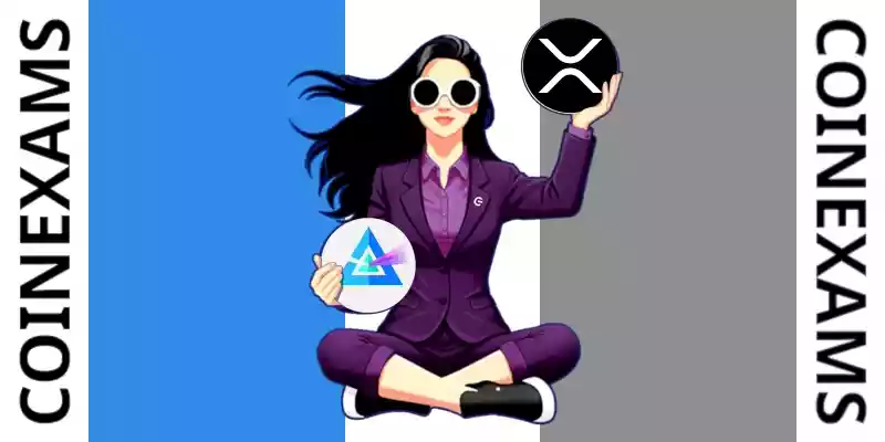 Nova (CoinExams Mascot) holding Beam logo on the left and holding Xrp on the right.