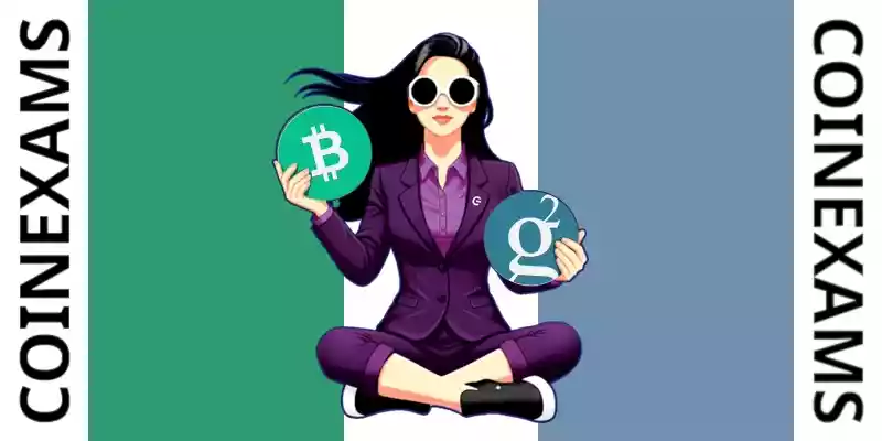 Nova (CoinExams Mascot) holding Bitcoin Cash logo on the left and holding Groestlcoin on the right.