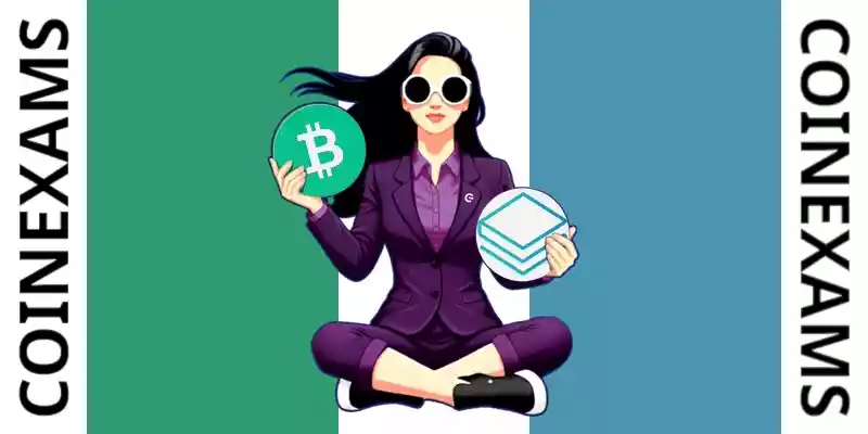Nova (CoinExams Mascot) holding Bitcoin Cash logo on the left and holding Stratis on the right.