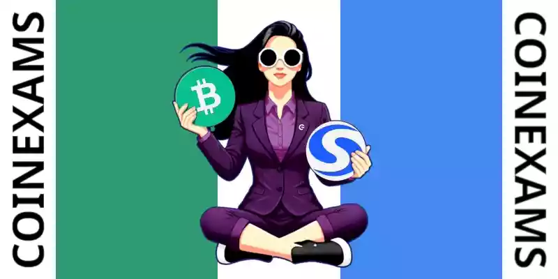 Nova (CoinExams Mascot) holding Bitcoin Cash logo on the left and holding Syscoin on the right.