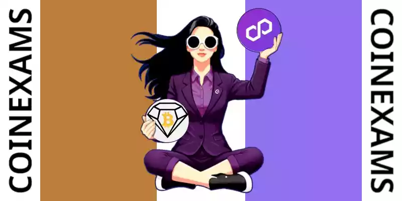 Nova (CoinExams Mascot) holding Bitcoin Diamond logo on the left and holding Polygon on the right.