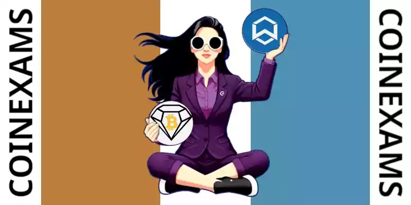 Nova (CoinExams Mascot) holding Bitcoin Diamond logo on the left and holding Wanchain on the right.