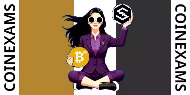 Nova (CoinExams Mascot) holding Bitcoin Sv logo on the left and holding Iost on the right.