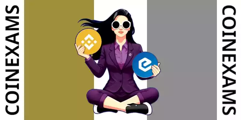 Nova (CoinExams Mascot) holding Bnb Coin logo on the left and holding Ecash on the right.