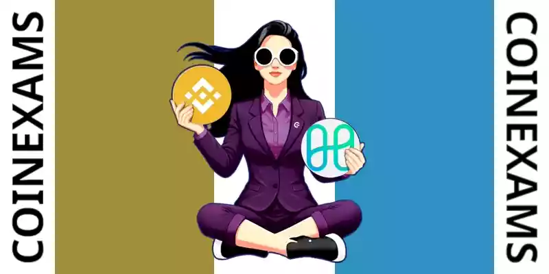 Nova (CoinExams Mascot) holding Bnb Coin logo on the left and holding Harmony on the right.