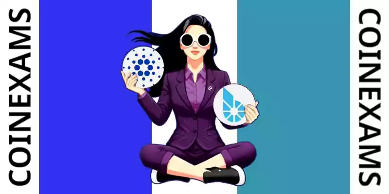 Nova (CoinExams Mascot) holding Cardano logo on the left and holding Bitshares on the right.