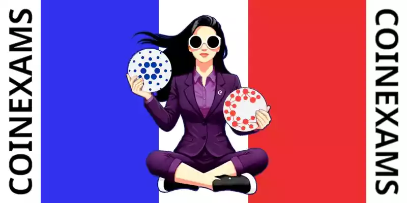 Nova (CoinExams Mascot) holding Cardano logo on the left and holding Casper on the right.