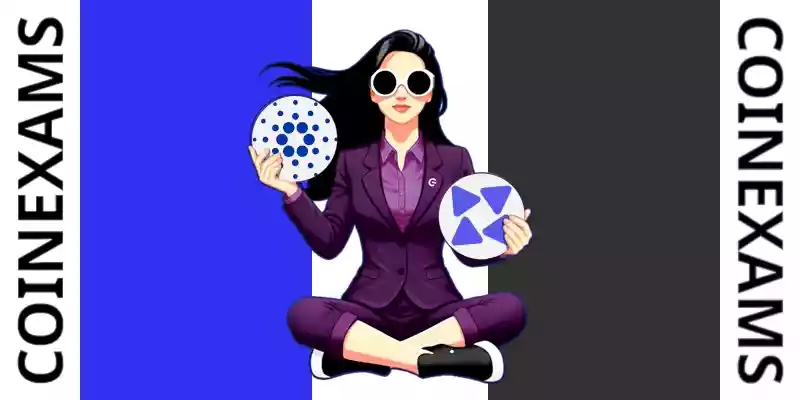 Nova (CoinExams Mascot) holding Cardano logo on the left and holding Defactor on the right.