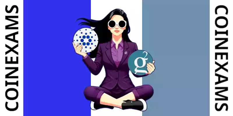 Nova (CoinExams Mascot) holding Cardano logo on the left and holding Groestlcoin on the right.