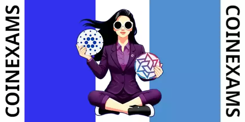 Nova (CoinExams Mascot) holding Cardano logo on the left and holding Irisnet on the right.