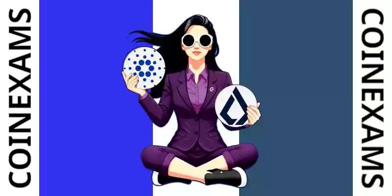 Nova (CoinExams Mascot) holding Cardano logo on the left and holding Lisk on the right.