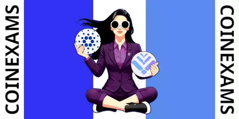 Nova (CoinExams Mascot) holding Cardano logo on the left and holding Lto Network on the right.