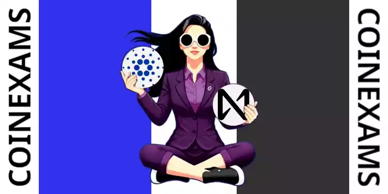 Nova (CoinExams Mascot) holding Cardano logo on the left and holding Near Protocol on the right.