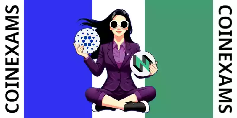 Nova (CoinExams Mascot) holding Cardano logo on the left and holding Nervos Network on the right.